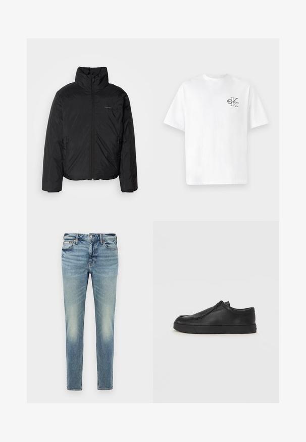 Black puffer jacket with a high collar, zipper front, and side pockets. Smooth, shiny texture with a minimal logo on the chest.; White cotton t-shirt with short sleeves, crew neck, featuring a black CK logo on the left chest area, standard fit, smooth texture.; Faded light blue denim jeans with a straight fit, five-pocket design, button closure, and subtle whiskering details on the legs.; Black leather slip-on shoe with a rounded toe, stitched detailing, and black rubber sole. Smooth texture with minimalistic design.