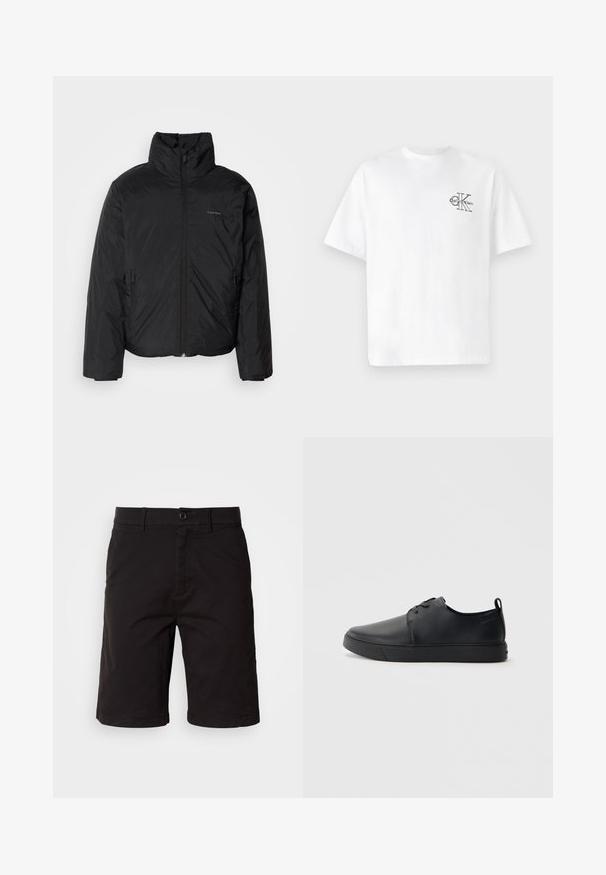 Melnā pūkainā jaka ar augstu apkakli, ar rāvējslēdzēju priekšpusē un sānu kabatām. Gluda, spīdīga tekstūra ar minimālu logotipu uz krūtīm.; Balta kokvilnas T-krekls ar īsām piedurknēm, apaļo kaklu, ar melnu CK logotipu kreisajā krūšu zonā, standarta piegriezums, gluda tekstūra.; Melni šorti, kas izgatavoti no viegla auduma, ar pogu priekšpusi, jostas cilpiņām, sānu kabatām un taisnu piegriezumu ar sarullētām malām.; Melnas ādas kedas ar gludu apdari, noapaļota purngala, tonāla šuvēm, auklu fronti un plakanu gumijas zoli. Cilpa pie papēža.