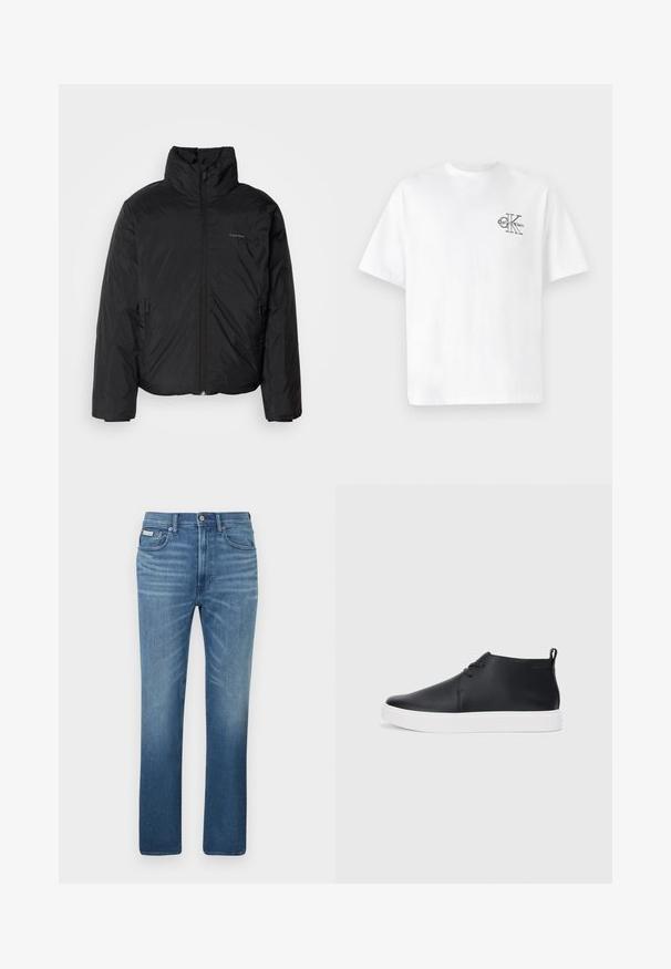 Juoda pūkinė striukė su aukštu apykakle, užtrauktuku priekyje ir šoninėmis kišenėmis. Lygus, blizgus paviršius su minimaliu logotipu ant krūtinės.; Balta medvilninė marškinėliai su trumpomis rankovėmis, apvalia kaklo iškirpte, kairėje krūtinės pusėje esantis juodas CK logotipas, standartinio kirpimo, lygus paviršius.; Šviesiai mėlyni džinsai iš džinsinio audinio su tiesiu kirpimu, penkiomis kišenėmis ir išblukusia apdaila, juosmens juostoje su prekės ženklo ženkleliu.; Juodi odiniai aukšti sportbačiai su lygia apdaila, balta guma padu ir paprastu raištelių dizainu. Gale yra įtempimo juostelė.