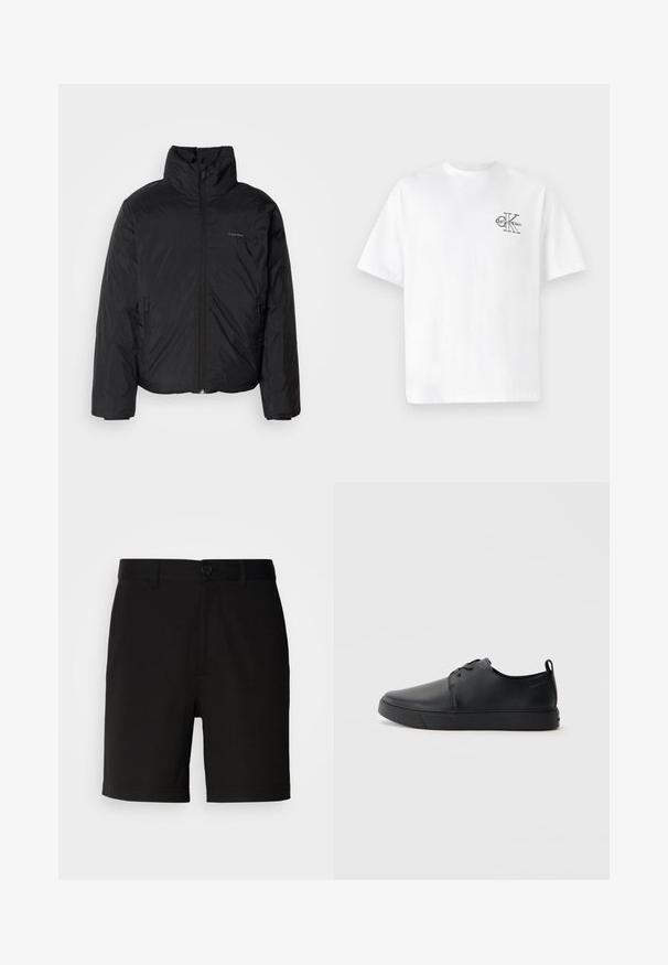 Fekete puffermellény magas gallérral, cipzáros elülső résszel és oldalsó zsebekkel. Simább, fényes textúra, minimális logóval a mellkason.; Fehér pamut póló rövid ujjakkal, kerek nyakkal, a bal mellkas részen fekete CK logóval, normál szabású, sima tapintású.; Fekete, sima anyagból készült nadrág, egy gombos záródással és övhurkokkal, egyenes szárvégekkel és látható minták nélkül.; Fekete bőr sportcipő sima felülettel, lekerekített orral, azonos színű varrással, fűzős elülső résszel és lapos gumitalppal. Hurok a sarkán.