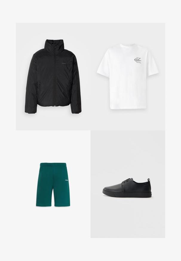 Doudoune noire avec un col haut, fermeture éclair à l'avant et poches latérales. Texture lisse et brillante avec un logo minimaliste sur la poitrine.; T-shirt en coton blanc à manches courtes, col rond, avec un logo CK noir sur la partie gauche de la poitrine, coupe standard, texture lisse.; Shorts de sport teal avec une taille élastique, présentant une texture lisse et un petit logo blanc sur le côté droit à l'avant.; Baskets en cuir noir avec une finition lisse, bout arrondi, coutures ton sur ton, devant à lacets et semelle plate en caoutchouc. Anse au talon.