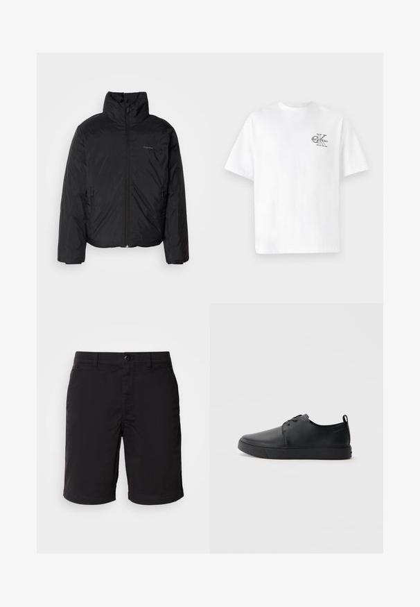 Čierna bundy s kapucňou, s vysokým golierom, so zipsom vpredu a bočnými vreckami. Hladká, lesklá textúra s minimálnym logom na hrudi.; Biela bavlnená tričko s krátkymi rukávmi a okrúhlym výstrihom, s čiernym logom CK na ľavej strane hrude, štandardná veľkosť, hladká textúra.; Čierne šortky vyrobené z ľahkej tkaniny, s gombíkovým zapínaním, štandardným pásom a rovnom strihom. Bez vzorov alebo viditeľných akcentov.; Čierne kožené tenisky s hladkým povrchom, zaoblenou špičkou, tonálnym šitím, šnurovaním vpredu a plochou gumovou podrážkou. Obojok na päte.