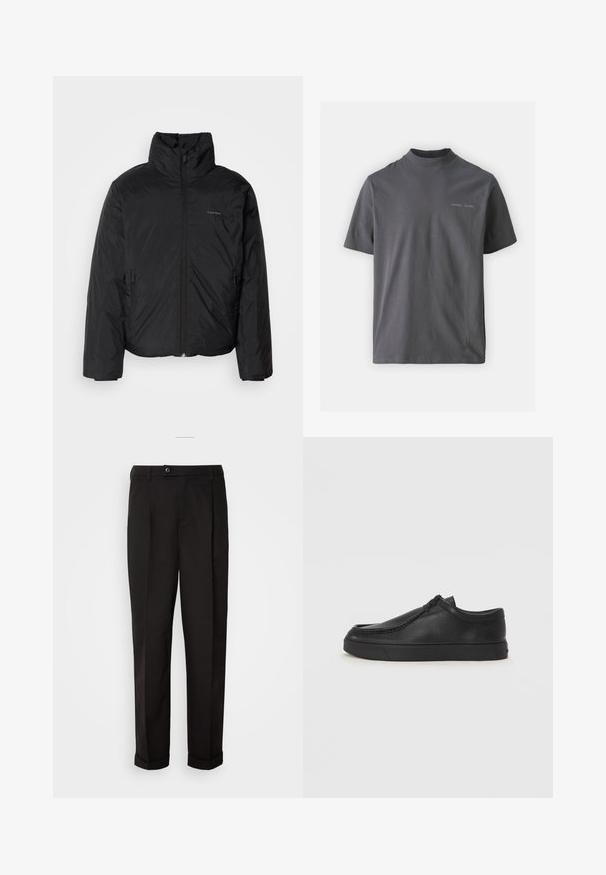 Musta puhvitakki korkealla kauluksella, vetoketjulla edessä ja sivutaskuilla. Sileä, kiiltävä pinta, jossa on minimaalinen logo rinnassa.; Samsøe Samsøe NORSBRO - T-paita - volcanic ash; Mustat housut, joissa on sileä pinta, suora leikkaus, kaksi etutaskua ja yksittäinen nappikiinnitys vyötäröllä.; Musta nahkainen slip-on-kengät pyöristetyllä varvalla, tikattu yksityiskohta ja musta kumipohja. Sileä pinta ja minimalistinen muotoilu.