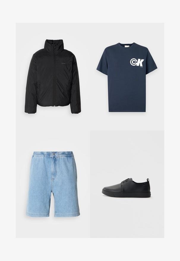 Must musträkk, millel on kõrge krae, lukuga ees ja küljetaskud. Sile, läikiv tekstuur ja minimaalne logo rinnal.; Tumesinine lühikeste varrukatega ümara kaelusega T-särk, millel on valge CK logo ja vasakul rinnal kiri "Calvin Klein".; Heledsinine denimpüksid, millel on elastne vöökoht, eesnuppude sulgemine, küljetaskud ja sirge lõike disain. Keskmise reie pikkus.; Mustaläik nahast spordijalatsid siledaga viimistlusega, ümarate varvastega, sama tooni õmblustega, nööbid ees, ja lamedate kummist tallaga. Kannas aas.