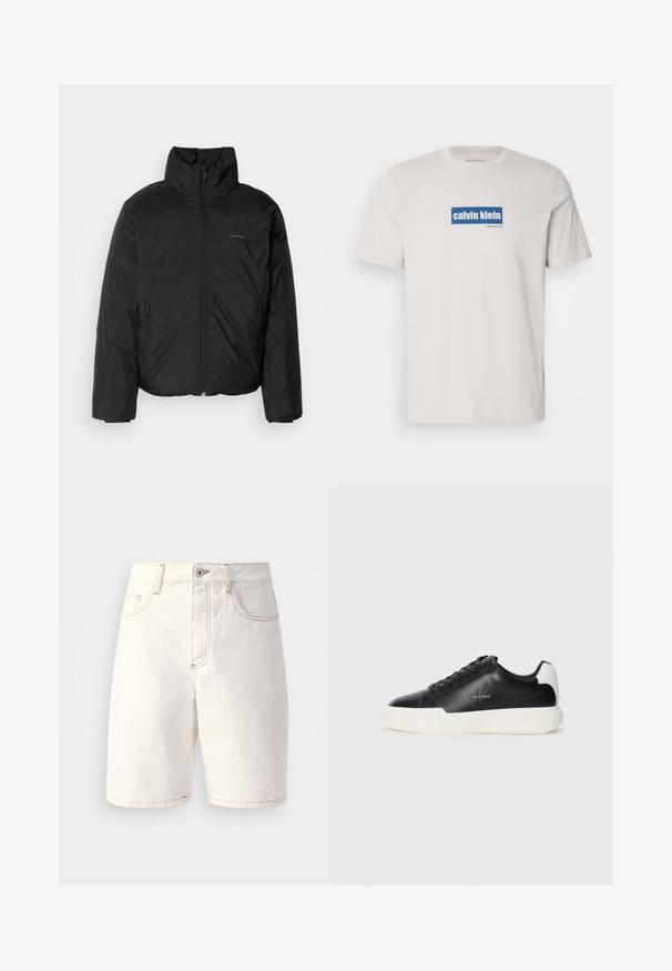 Svart pufferjakke med høy krage, glidelås foran og sidelommer. Glatt, blank tekstur med en minimal logo på brystet.; Hvit bomull T-skjorte med en blå rektangulær logo med "calvin klein" og "new york city" i hvit tekst på forsiden. Klassisk passform.; Hvite denimshorts med rett snitt, som har fem lommer, oransje søm og en glidelås med en enkelt knappelukking.; Svart lær sneakers med hvit gummisåle. Har rund tå, snøring og logo detalj på siden. Bakakcent i hvitt.