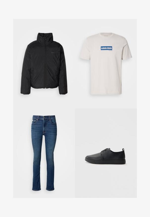 Svart pufferjakke med høy krage, glidelås foran og sidelommer. Glatt, blank tekstur med en minimal logo på brystet.; Hvit bomull T-skjorte med en blå rektangulær logo med "calvin klein" og "new york city" i hvit tekst på forsiden. Klassisk passform.; Slim-fit mid-rise blå jeans med klassisk fem-lomme design og falmede detaljer på hvit bakgrunn.; Svart lær sneakers med glatt overflate, rund tå, tonede sømmer, snøring foran og flat gummisåle. Løkke på hælen.