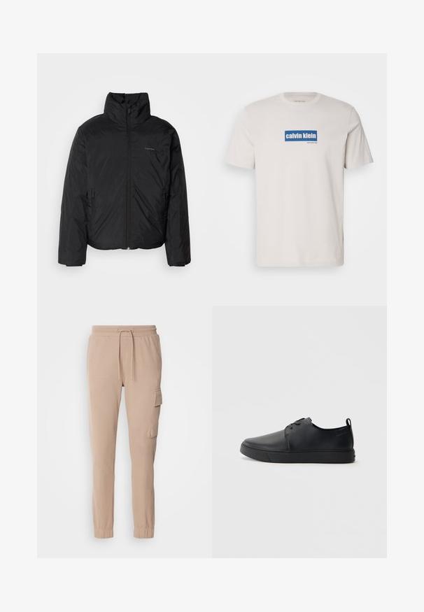 Schwarze Daunenjacke mit hohem Kragen, Reißverschluss auf der Vorderseite und Seitentaschen. Glatte, glänzende Textur mit einem minimalen Logo auf der Brust.; Weißes Baumwoll-T-Shirt mit einem blauen rechteckigen Logo, auf dem "calvin klein" und "new york city" in weißem Text auf der Vorderseite steht. Klassische Passform.; Beige Jogginghose aus weichem Stoff mit einem elastischen Bund und Kordelzug, gerippten Knöcheln und einer seitlichen Patch-Tasche.; Schwarze Leder-Sneaker mit glatter Oberfläche, abgerundeter Zehenpartie, gleichfarbiger Nähte, schnürbarem Vorderteil und flacher Gummisohle. Schlaufe an der Ferse.