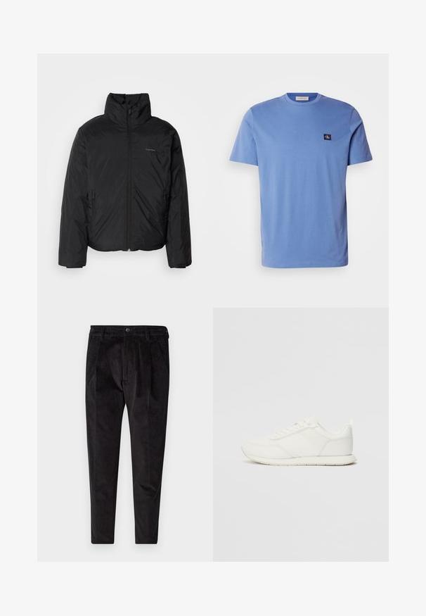 Svart pufferjakke med høy krage, glidelås foran og sidelommer. Glatt, blank tekstur med en minimal logo på brystet.; Lyseblå bomull T-skjorte med korte ermer og rund hals, med et lite mørkeblått logo-patch på venstre bryst. Glatt tekstur.; Svarte kordfløyelsbukser med teksturert overflate, med rett ben, plisserte foran og elastisk liv for komfort.; Hvit sneaker med en mesh- og syntetisk overdel, rund tå, flate lisser og en teksturert sidestropp. Gummisåle med en pull-tab bak.