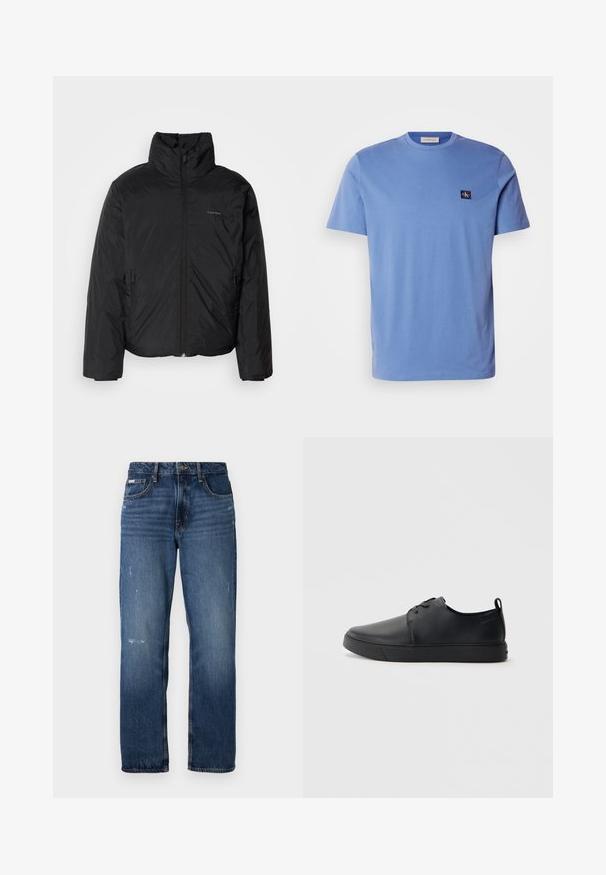 Juoda pūkinė striukė su aukštu apykakle, užtrauktuku priekyje ir šoninėmis kišenėmis. Lygus, blizgus paviršius su minimaliu logotipu ant krūtinės.; Šviesiai mėlynas medvilninis trumpomis rankovėmis marškinėlis su apvaliomis kaklo iškirpėmis, su mažu tamsiai mėlynu logotipo komplektu kairėje krūtinės pusėje. Lygus paviršius.; Mėlynos džinsinės kelnės su tiesiu klešnių dizainu. Yra šiek tiek nusidėvėjimo ir šviesių dėmių priekyje, su klasikiniu uždarymu mygtuku.; Juodos odinės sportinės bateliai su lygiu paviršium, suapvalinta nosimi, toniniais siūlais, raištelių užsegimu priekyje ir plokščiu guminiu padu. Kilpelė ant kulno.
