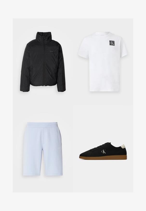 Black puffer jacket with a high collar, zipper front, and side pockets. Smooth, shiny texture with a minimal logo on the chest.; White cotton t-shirt with a crew neckline, short sleeves, and a black "cK" logo on the left chest area. Classic fit and smooth texture.; Light blue athletic shorts made of soft fabric, featuring an elastic waistband and side pockets. Small logo detail on the front.; Black canvas sneaker with a gum rubber sole, featuring a silver "cK" logo on the side and a white accent at the heel. Low-top design.