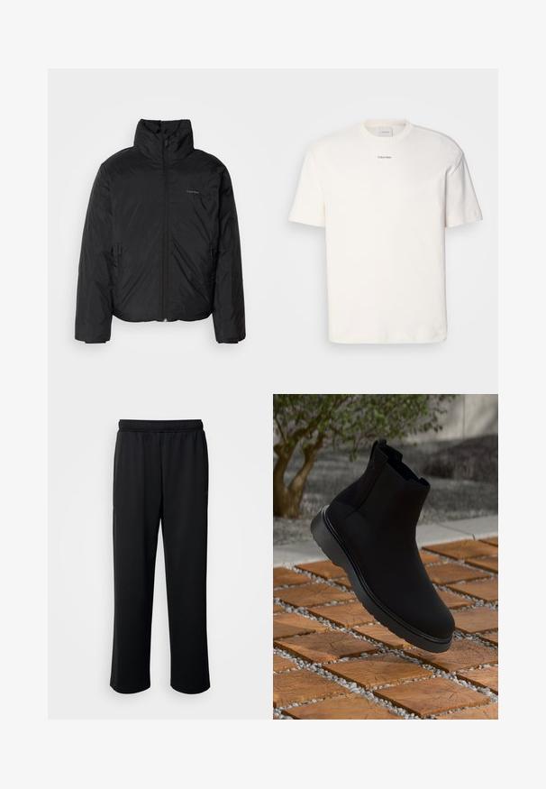 Svart pufferjakke med høy krage, glidelås foran og sidelommer. Glatt, blank tekstur med en minimal logo på brystet.; Hvit bomulls T-skjorte med rund hals, korte ermer og brodert "Calvin Klein" logo i midten av brystet. Enkel design.; Svarte treningsbukser laget av mykt, pustende stoff. Har elastisk midje og rette ben uten fremtredende dekorasjoner eller mønstre.; Sorte ankelstøvler laget av glatt materiale med subtile sømmer, gummisåle og et strømlinjeformet design, plassert over en trestrukturert overflate.