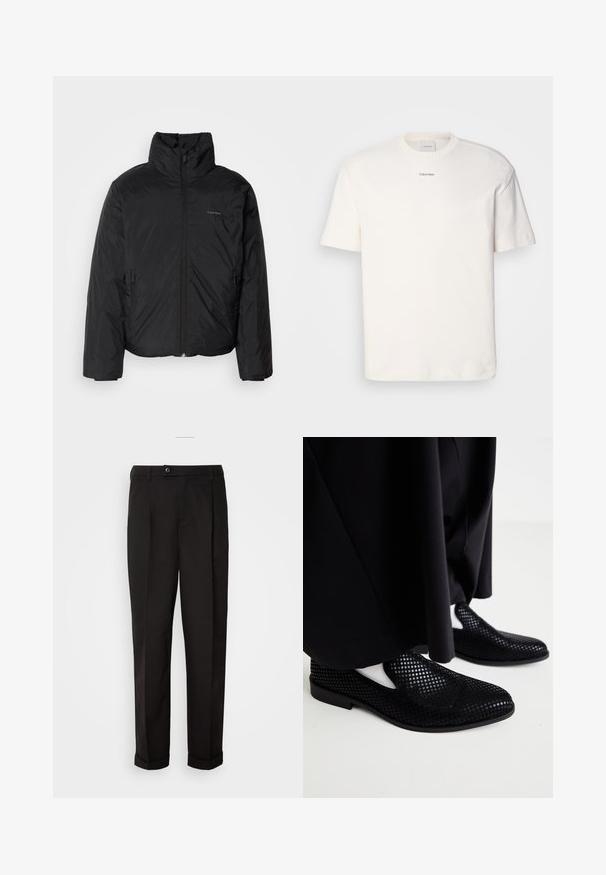 Juoda pūkinė striukė su aukštu apykakle, užtrauktuku priekyje ir šoninėmis kišenėmis. Lygus, blizgus paviršius su minimaliu logotipu ant krūtinės.; Balta medvilninė marškinėlių suapvalintu kaklu, trumpomis rankovėmis ir siuvinėtu "Calvin Klein" logotipu krūtinės centre. Paprastas dizainas.; Juodos kelnės su lygiu paviršiumi, tiesaus kirpimo, su dviem priekinių kišenių ir vieno mygtuko uždarymu juosmenyje.; Juodi perforuoti šlepetės tipo batai su plokščiu padu ir lygiu paviršiumi. Minimalistinis dizainas su šoninėmis išpjovomis. Suderinti su juodomis kelnėmis.