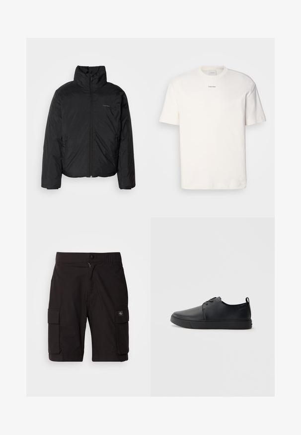 Μαύρο μπουφάν puffer με ψηλό γιακά, φερμουάρ μπροστά και πλευρικές τσέπες. Λείο, γυαλιστερό υλικό με μίνιμαλ λογότυπο στο στήθος.; Λευκό βαμβακερό T-shirt με στρογγυλή λαιμόκοψη, κοντά μανίκια και κεντημένο λογότυπο "Calvin Klein" στο κέντρο του στήθους. Απλή σχεδίαση.; Μαύρες cargo βερμούδες φτιαγμένες από ελαφρύ ύφασμα. Διαθέτουν κλείσιμο με κουμπί και φερμουάρ, δύο πλευρικές θήκες cargo και ραφές λεπτομέρειας.; Μαύρο δερμάτινο αθλητικό παπούτσι με λεία επιφάνεια, στρογγυλή μύτη, τονικό ράψιμο, κορδόνια μπροστά και επίπεδη καουτσούκ σόλα. Βρόχος στην πτέρνα.