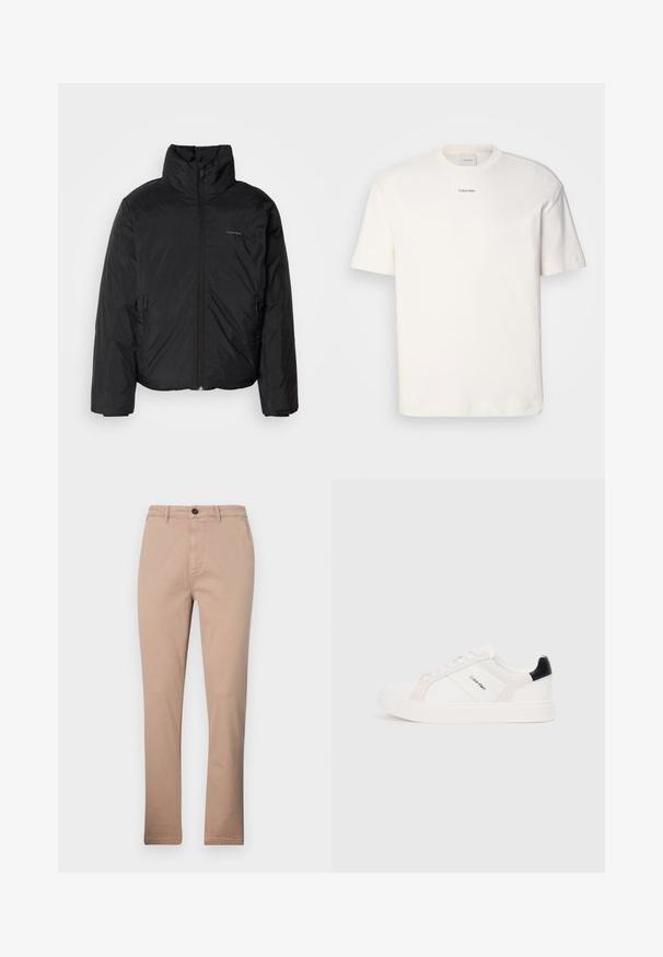 Svart pufferjakke med høy krage, glidelås foran og sidelommer. Glatt, blank tekstur med en minimal logo på brystet.; Hvit bomulls T-skjorte med rund hals, korte ermer og brodert "Calvin Klein" logo i midten av brystet. Enkel design.; Beige chinos laget av bomullsblanding, med en rett ben-design, frontlommer og en enkelt knappelukking. Glatt tekstur.; Hvite sneakers med lys rosa og svarte detaljer, med glatte lær- og semskede paneler, rund tå og flat gummisåle.