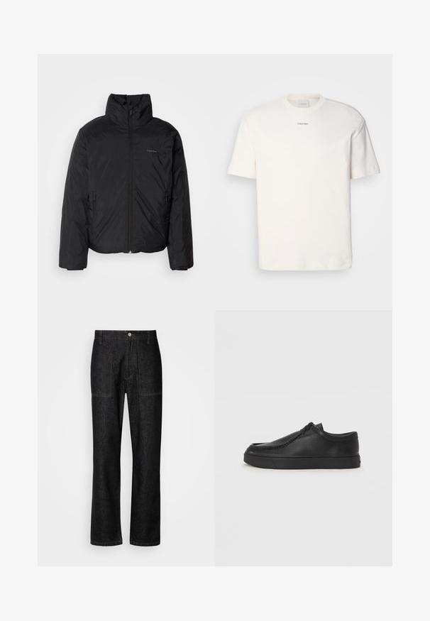 Černá péřová bunda s vysokým límcem, zipovým uzávěrem vpředu a bočními kapsami. Hladká, lesklá textura s minimálním logem na hrudi.; Bílá bavlněná tričko s kulatým výstřihem, krátkými rukávy a vyšitým logem "Calvin Klein" na prostředku hrudi. Jednoduchý design.; Černé džínové kalhoty se rovnými nohavicemi, viditelným šitím a předním knoflíkovým uzávěrem. Obsahují dvě boční kapsy a dvě zadní kapsy.; Černé kožené nazouvací boty s kulatou špičkou, prošitím a černou gumovou podrážkou. Hladký povrch s minimalistickým designem.
