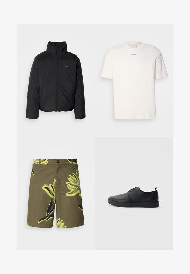 Juoda pūkinė striukė su aukštu apykakle, užtrauktuku priekyje ir šoninėmis kišenėmis. Lygus, blizgus paviršius su minimaliu logotipu ant krūtinės.; Balta medvilninė marškinėlių suapvalintu kaklu, trumpomis rankovėmis ir siuvinėtu "Calvin Klein" logotipu krūtinės centre. Paprastas dizainas.; Olive spalvos šortai su dideliu geltonu ir tamsiai mėlynu gėlių raštu, pagaminti iš lengvos medžiagos, turi mygtuko uždarymą ir šonines kišenes.; Juodos odinės sportinės bateliai su lygiu paviršium, suapvalinta nosimi, toniniais siūlais, raištelių užsegimu priekyje ir plokščiu guminiu padu. Kilpelė ant kulno.