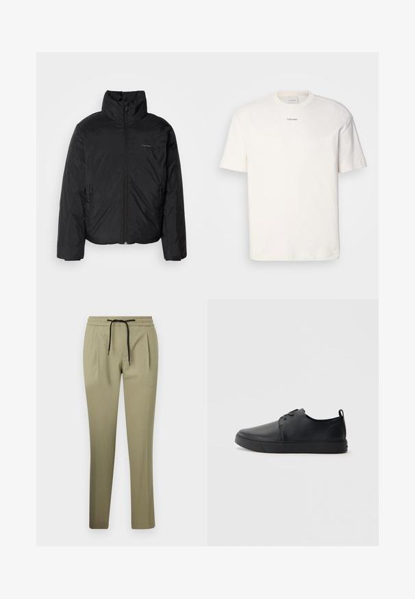Czarna kurtka puchowa z wysokim kołnierzem, zapięciem na zamek z przodu i kieszeniami po bokach. Gładka, błyszcząca tekstura z minimalistycznym logo na klatce piersiowej.; Biała bawełniana koszulka z okrągłym dekoltem, krótkimi rękawami i haftowanym logo "Calvin Klein" na środku klatki piersiowej. Prosty wzór.; Khaki spodnie w gładkim materiale o luźnym kroju, z elastycznym pasem i sznurkiem do regulacji. Prosty krój nogawki z bocznymi plisami.; Czarne skórzane sneakersy o gładkim wykończeniu, zaokrąglonym nosku, tonalnym przeszyciu, sznurowanym przodzie oraz płaskiej gumowej podeszwie. Pętla na pięcie.