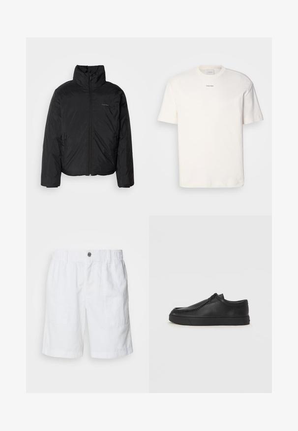 Giubbotto imbottito nero con colletto alto, chiusura a zip frontale e tasche laterali. Tessuto liscio e lucido con un logo minimale sul petto.; T-shirt bianca in cotone con scollo rotondo, maniche corte e logo ricamato "Calvin Klein" al centro del petto. Design semplice.; Shorts bianchi in lino con un elastico in vita e un bottone metallico. Presentano due tasche laterali e un design a vestibilità rilassata.; Scarpa slip-on in pelle nera con punta arrotondata, dettagli cuciti e suola in gomma nera. Texture liscia con design minimalista.