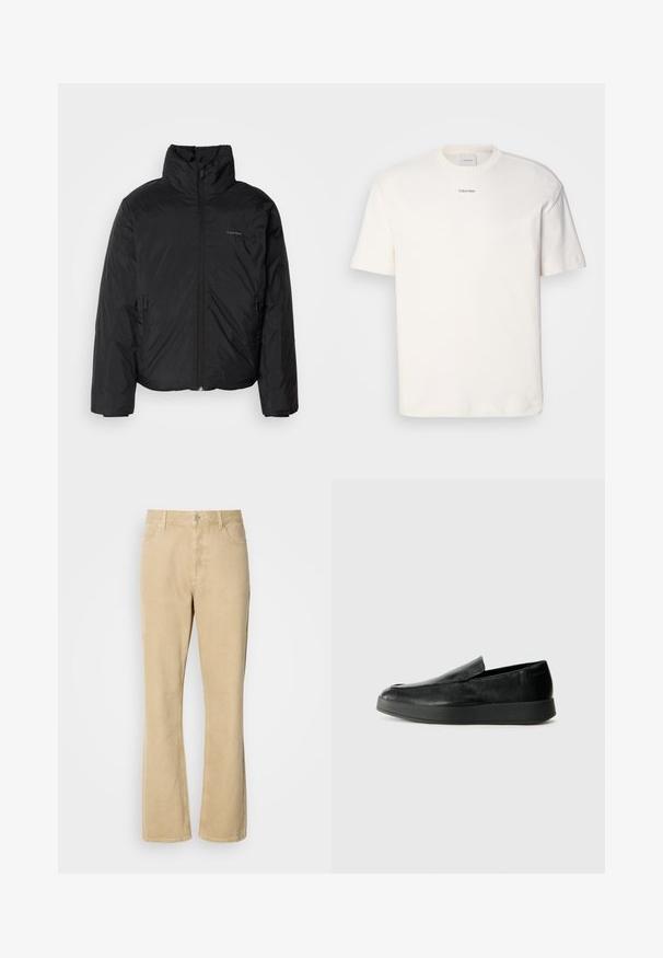 Svart pufferjakke med høy krage, glidelås foran og sidelommer. Glatt, blank tekstur med en minimal logo på brystet.; Hvit bomulls T-skjorte med rund hals, korte ermer og brodert "Calvin Klein" logo i midten av brystet. Enkel design.; Beige kordfløyelsbukser med vid benfeste, som har knapper og glidelås, samt fem lommer og synlige sømmer langs beina. Jevn tekstur.; Calvin Klein HYBRID CUP - Slippers - triple black