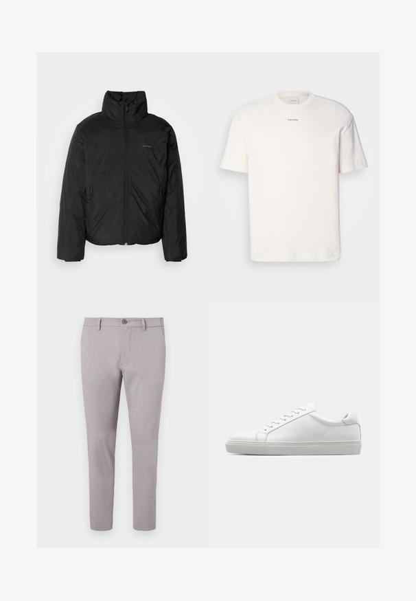Schwarze Daunenjacke mit hohem Kragen, Reißverschluss auf der Vorderseite und Seitentaschen. Glatte, glänzende Textur mit einem minimalen Logo auf der Brust.; Weißes Baumwoll-T-Shirt mit rundem Ausschnitt, kurzen Ärmeln und gesticktem "Calvin Klein"-Logo in der Mitte der Brust. Schlichtes Design.; Graue Baumwollchinos mit einer glatten Textur, schmaler Passform, vorderem Knopfverschluss und Seitentaschen. Knöchellanges Design mit minimaler Detailgestaltung.; Weißer Sneaker mit glattem Lederobermaterial und niedrigem Profil. Verfügt über eine runde Zehenpartie, sechs Ösen und eine strukturierte Gummisohle.