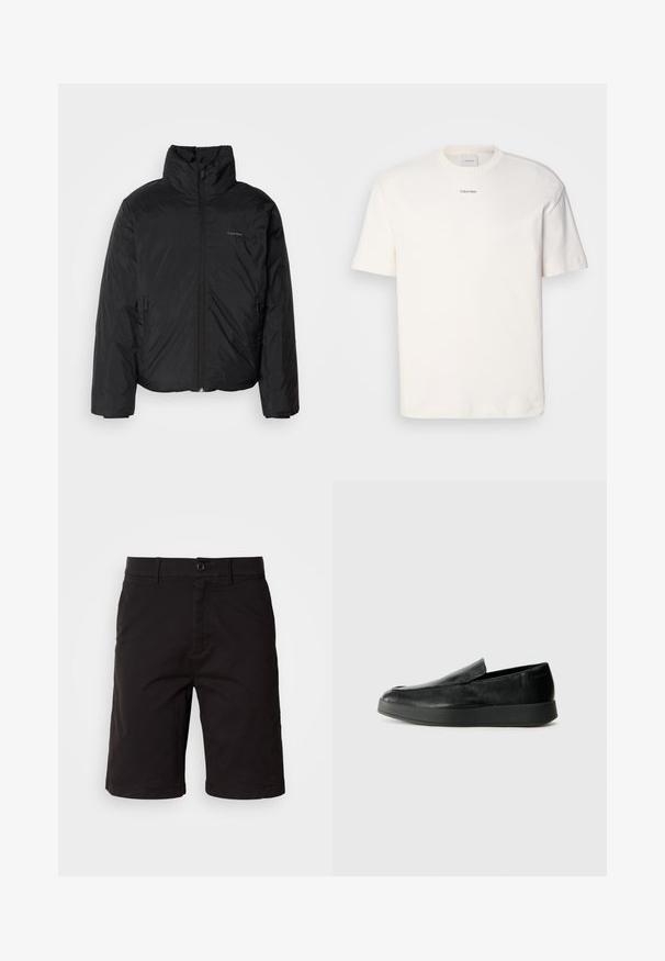 Melnā pūkainā jaka ar augstu apkakli, ar rāvējslēdzēju priekšpusē un sānu kabatām. Gluda, spīdīga tekstūra ar minimālu logotipu uz krūtīm.; Balta kokvilnas T-kreklu ar apaļu kaklu, īsām piedurknēm un izšūtu "Calvin Klein" logotipu krūšu centrā. Vienkāršs dizains.; Melni šorti, kas izgatavoti no viegla auduma, ar pogu priekšpusi, jostas cilpiņām, sānu kabatām un taisnu piegriezumu ar sarullētām malām.; Calvin Klein HYBRID CUP - Mokasīni - triple black