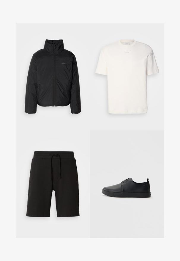 Melnā pūkainā jaka ar augstu apkakli, ar rāvējslēdzēju priekšpusē un sānu kabatām. Gluda, spīdīga tekstūra ar minimālu logotipu uz krūtīm.; Balta kokvilnas T-kreklu ar apaļu kaklu, īsām piedurknēm un izšūtu "Calvin Klein" logotipu krūšu centrā. Vienkāršs dizains.; Melnas adītas šortas ar strukturētu audumu, elastīgu jostu, regulējamu šņorīti un sānu kabatām. Garums ir virs ceļgaliem.; Melnas ādas kedas ar gludu apdari, noapaļota purngala, tonāla šuvēm, auklu fronti un plakanu gumijas zoli. Cilpa pie papēža.