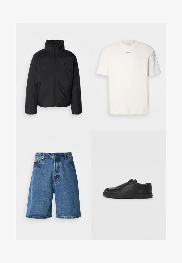 Juoda pūkinė striukė su aukštu apykakle, užtrauktuku priekyje ir šoninėmis kišenėmis. Lygus, blizgus paviršius su minimaliu logotipu ant krūtinės.; Balta medvilninė marškinėlių suapvalintu kaklu, trumpomis rankovėmis ir siuvinėtu "Calvin Klein" logotipu krūtinės centre. Paprastas dizainas.; Džinsiniai šortai išblukusios mėlynos spalvos, aukštu liemeniu, su dviem priekinėmis kišenėmis, siuvinėtais akcentais ir mygtuko uždarymu.; Juodos odinės supjamintus batelius su apvaliu pirštu, siuvinėtu akcentu ir juodu guminiu padu. Lygus tekstūra su minimalistišku dizainu.