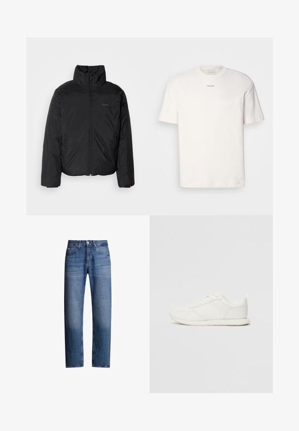 Μαύρο μπουφάν puffer με ψηλό γιακά, φερμουάρ μπροστά και πλευρικές τσέπες. Λείο, γυαλιστερό υλικό με μίνιμαλ λογότυπο στο στήθος.; Λευκό βαμβακερό T-shirt με στρογγυλή λαιμόκοψη, κοντά μανίκια και κεντημένο λογότυπο "Calvin Klein" στο κέντρο του στήθους. Απλή σχεδίαση.; Μπλε τζιν παντελόνι σε ίσια γραμμή, με πέντε τσέπες και φερμουάρ. Διαθέτει ελαφριά φθορά και ραφές κατά μήκος των ραφών.; Λευκό αθλητικό παπούτσι με επάνω μέρος από πλέγμα και συνθετικό υλικό, στρογγυλή μύτη, επίπεδους κορδόνια και υφή στη λωρίδα στο πλάι. Καουτσούκ σόλα με λαβή στο πίσω μέρος.