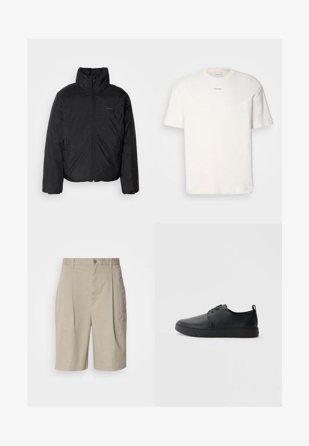 Čierna bundy s kapucňou, s vysokým golierom, so zipsom vpredu a bočnými vreckami. Hladká, lesklá textúra s minimálnym logom na hrudi.; Biely bavlnený tričko s okrúhlym výstrihom, krátkymi rukávmi a vyšívaným logom "Calvin Klein" na strede hrude. Jednoduchý dizajn.; Bežové bavlnené šortky s skladaným predným dielom, zapínaním na gombík v páse a bočnými vreckami. Hladká textúra a dĺžka po kolená.; Čierne kožené tenisky s hladkým povrchom, zaoblenou špičkou, tonálnym šitím, šnurovaním vpredu a plochou gumovou podrážkou. Obojok na päte.