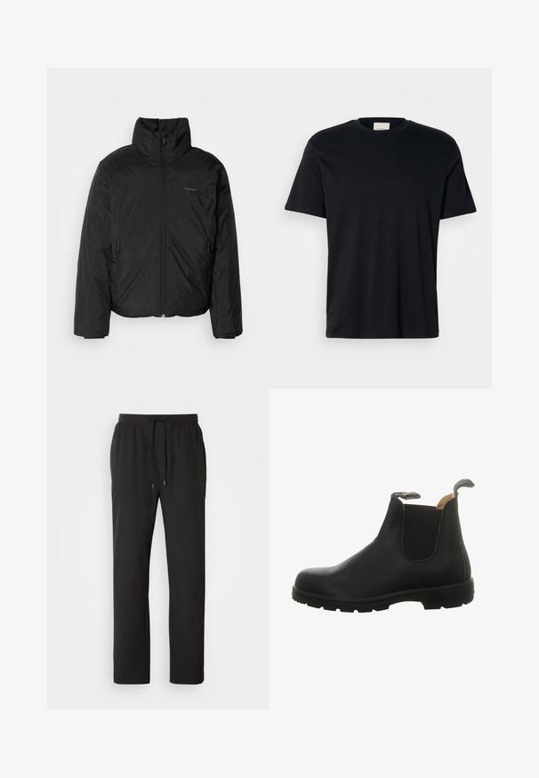 Svart puffjacka med hög krage, dragkedja framtill och sidofickor. Slät, glänsande textur med en minimal logotyp på bröstet.; En enkel svart kortärmad t-shirt med rund hals, prydligt upplagd på en vit bakgrund.; Svarta joggerbyxor i lättviktig tyg, med elastisk midja och justerbara snoddar samt sidofickor. Slät textur.; Svart läder Chelsea-boots med elastiska sidopaneler, rundad tå och en robust gummisula med hälpulltab för enkel påtagning.