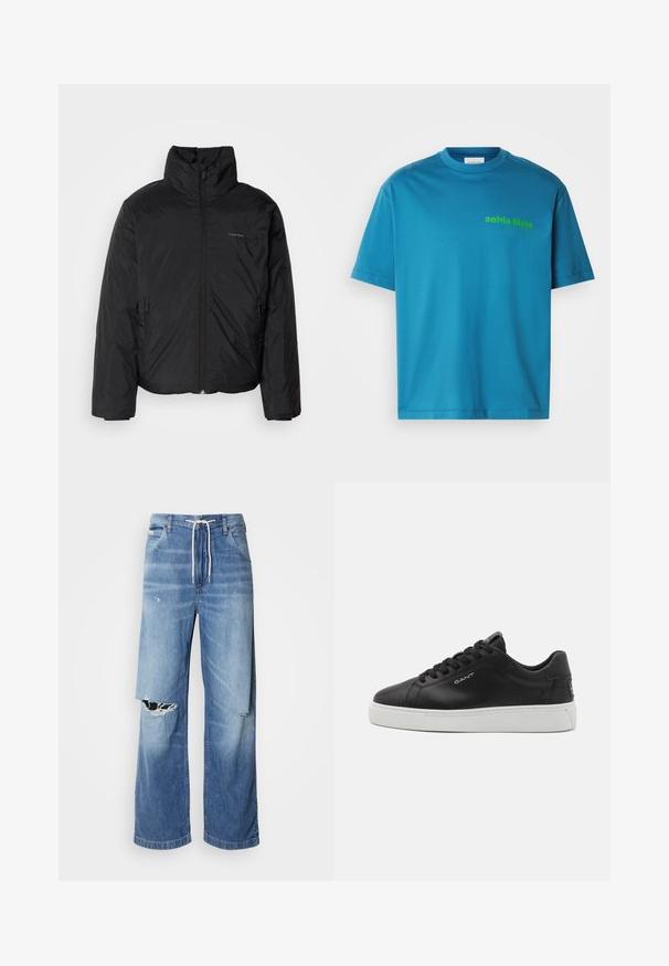 Fekete puffermellény magas gallérral, cipzáros elülső résszel és oldalsó zsebekkel. Simább, fényes textúra, minimális logóval a mellkason.; Türkiz pamut póló, kerek nyakkivágással, rövid ujjal, az elején zöld "calvin klein" logóval. Simább textúra.; Világoskék farmernadrág laza szabással, fehér húzózsinóros derékpánttal, a elején jellegzetes szakításokkal, amelyeken cérnával szelektált szélek láthatók.; Fekete bőr sportcipő fehér gumitalppal. Kerek orrú, elől fűzős kialakítással, az oldalán dombornyomott logóval. Sima felület.