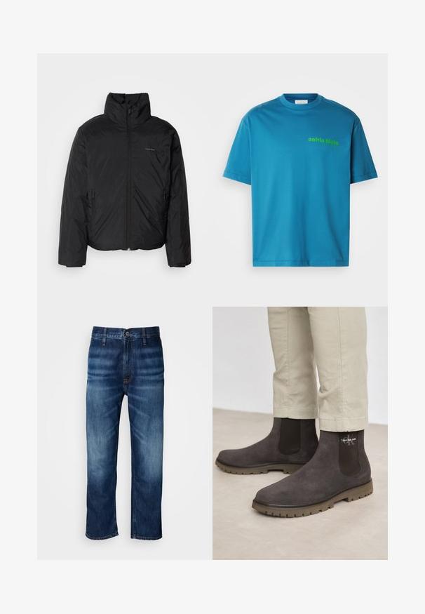 Crna puf jakna s visokim ovratnikom, patentnim zatvaračem sprijeda i bočnim džepovima. Glatka, sjajna tekstura s minimalnim logotipom na prsima.; Tirkizna pamučna majica, okrugli izrez, kratki rukavi, s printanim zelenim "calvin klein" logotipom sprijeda. Glatka tekstura.; Tamno plave traperice ravnog kroja s blagim izbljeđivanjem na bedrima i dugmetom za kopčanje na pojasu, prikazane na bijeloj pozadini.; Calvin Klein Jeans EVA BOOT MID CHELSEA ICONIC - Klasične gležnjače - brown