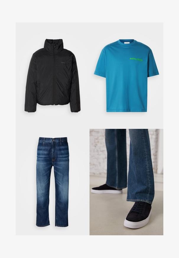 Svart pufferjakke med høy krage, glidelås foran og sidelommer. Glatt, blank tekstur med en minimal logo på brystet.; Turkis bomull t-skjorte, med rund hals, korte ermer, med et grønt "calvin klein"-logo trykt på forsiden. Glatt tekstur.; Mørkeblå straight-leg denimjeans med subtil falming på lårene og en knappelukking i midjen, vist på en hvit bakgrunn.; Mørkeblå semskede sneakers med hvit gummisåle og snøring, kombinert med vide denimjeans i en middels blå vask.