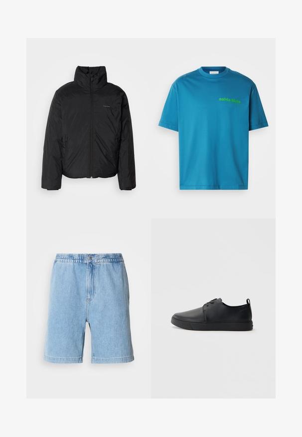 Casaco puffer preto com colarinho alto, fecho de correr na frente e bolsos laterais. Textura suave e brilhante com um logótipo minimalista no peito.; T-shirt de algodão turquesa, com decote redondo, mangas curtas, apresentando um logo verde "calvin klein" estampado na frente. Textura suave.; Calções de ganga azul claro com cinta elástica, fecho de botão frontal, bolsos laterais e um design de corte reto. Comprimento até à metade da coxa.; Sapatilha de couro preta com um acabamento liso, bico arredondado, costura ton sur ton, frente com atacadores e sola plana de borracha. Alça no calcanhar.