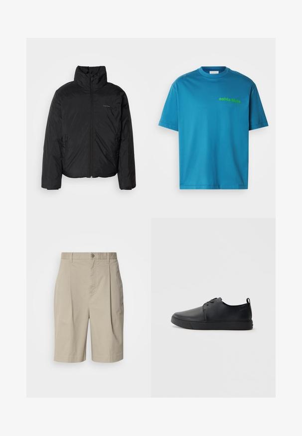 Melnā pūkainā jaka ar augstu apkakli, ar rāvējslēdzēju priekšpusē un sānu kabatām. Gluda, spīdīga tekstūra ar minimālu logotipu uz krūtīm.; Tirkīza kokvilnas t-krekls, apaļš kakls, īsas piedurknes, ar zaļu "Calvin Klein" logo, kas iespiests priekšpusē. Gluda tekstūra.; Beige kokvilnas šorti ar plāno priekšpusi, jostas pogu aizdari un sānu kabatām. Gluda tekstūra un ceļa garuma griezums.; Melnas ādas kedas ar gludu apdari, noapaļota purngala, tonāla šuvēm, auklu fronti un plakanu gumijas zoli. Cilpa pie papēža.