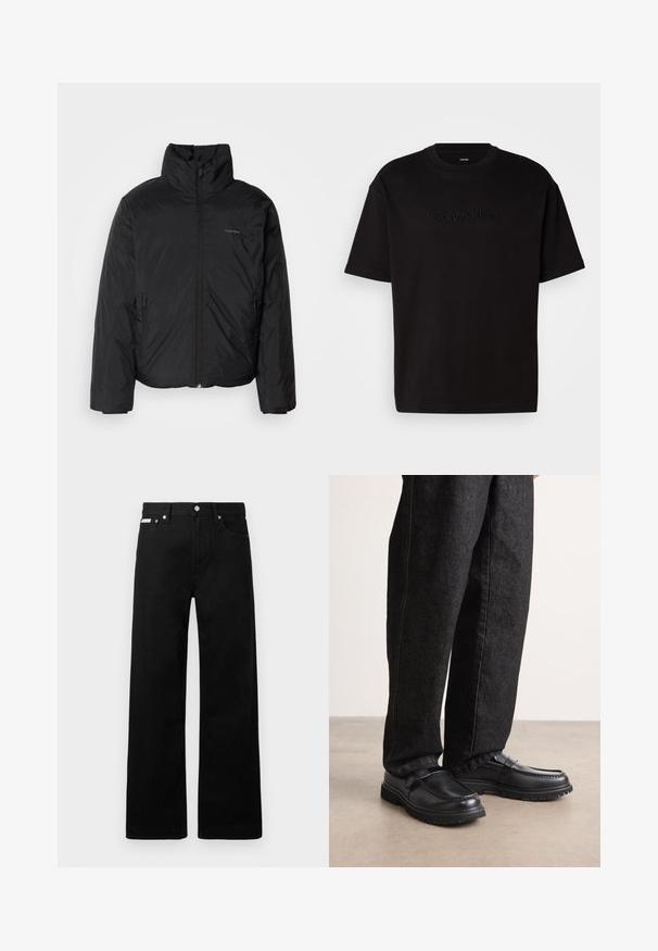 Must musträkk, millel on kõrge krae, lukuga ees ja küljetaskud. Sile, läikiv tekstuur ja minimaalne logo rinnal.; Must muströöpidega must puuvillane t-särk, millel on esiküljel reljeefne "Calvin Klein" logo, ümmargune kaelus ja lõdvestunud istuvus.; Mustadest denimist püksid laiade jalgadega, viie tasku ja metallist nööpidega. Sile tekstuur, nähtavad mustrid puuduvad.; Mustad nahast kingad, millel on tekstureeritud viimistlus, väljaulatuva õmbluse disain ja tugev kummitald, kantud tumedate teksapükstega.