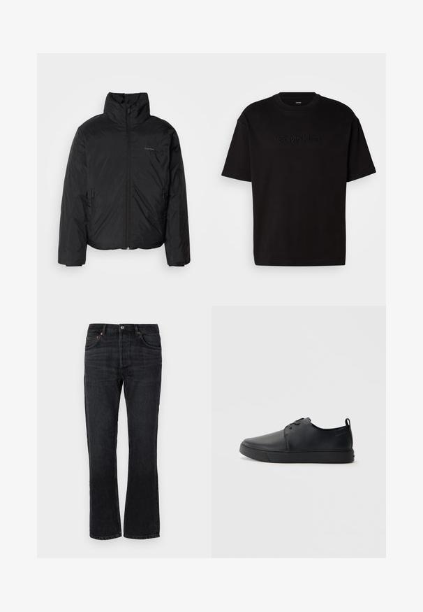 Juoda pūkinė striukė su aukštu apykakle, užtrauktuku priekyje ir šoninėmis kišenėmis. Lygus, blizgus paviršius su minimaliu logotipu ant krūtinės.; Juodas medvilninis marškinėliai su trumpomis rankovėmis, su iškilmingu „Calvin Klein“ logotipu priekyje, apvaliu kaklu ir laisvu siluetu.; Juodos džinsinės kelnės su tiesiu kirpimu, penkiomis kišenėmis ir oranžinėmis siūlėmis. Lygus paviršius ir minimalūs blukimo akcentai.; Juodos odinės sportinės bateliai su lygiu paviršium, suapvalinta nosimi, toniniais siūlais, raištelių užsegimu priekyje ir plokščiu guminiu padu. Kilpelė ant kulno.