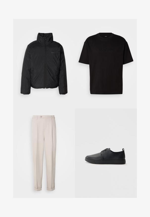 Melnā pūkainā jaka ar augstu apkakli, ar rāvējslēdzēju priekšpusē un sānu kabatām. Gluda, spīdīga tekstūra ar minimālu logotipu uz krūtīm.; Melnas kokvilnas t-krekls ar īsām piedurknēm, priekšpusē ar reljefu "Calvin Klein" logotipu, apaļš kakla izgriezums un brīvs piegriezums.; Bežīgas bikses no gludas auduma, ar taisnu piegriezumu, vienu kroku un aprullētām malām. Iekļauta priekšējā pogu aizdare.; Melnas ādas kedas ar gludu apdari, noapaļota purngala, tonāla šuvēm, auklu fronti un plakanu gumijas zoli. Cilpa pie papēža.