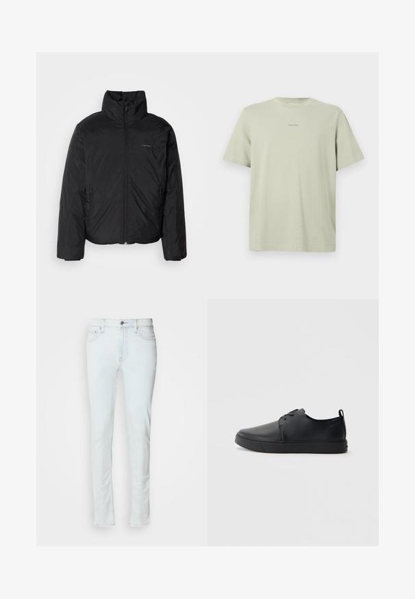 Črna puffer jakna z visokim ovratnikom, zadrgo spredaj in stranskimi žepi. Gladka, sijoča tekstura z minimalnim logotipom na prsih.; Svetlo zelena bombažna majica s kratkimi rokavi in okroglim izrezom, na prsih pa je natisnjen majhen logo Calvin Klein temnejše barve.; Svijetloplave traperice ravnog nogavica, sa pet džepova i prednjim kopčanjem na dugme. Sadrže suptilne šavove i klasičan kroj.; Črne usnjene športne čevlje z gladko površino, okroglo oblikovano nosilo, toniranim šivanjem, vezanjem spredaj in ravnim gumijastim podplatom. Zanko na peti.