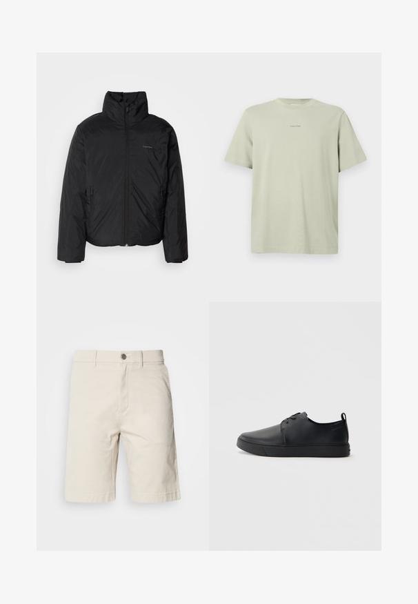 Must musträkk, millel on kõrge krae, lukuga ees ja küljetaskud. Sile, läikiv tekstuur ja minimaalne logo rinnal.; Kerge rohelise värvi puuvillase T-särgiga, ümar kaelus, lühikesed varrukad ja rinnal tumedamas toonis väike Calvin Kleini logo.; Beezid puuvillased lühikesed püksid sirge lõikega, millel on eesnupp ja tõmblukk, küljetaskud ning õmmeldud äärised.; Mustaläik nahast spordijalatsid siledaga viimistlusega, ümarate varvastega, sama tooni õmblustega, nööbid ees, ja lamedate kummist tallaga. Kannas aas.