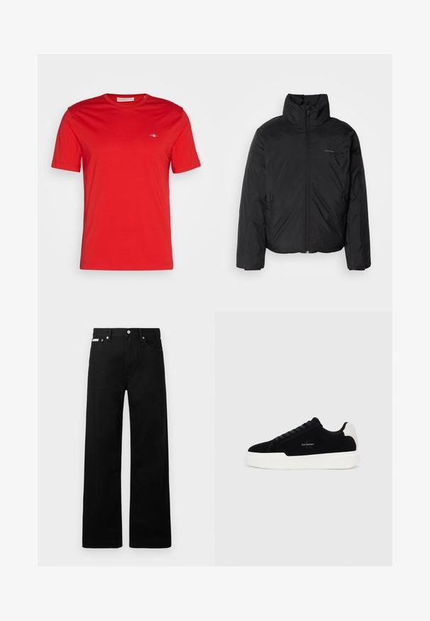 Zwarte pufferjack met een hoge kraag, rits aan de voorkant en zijzakken. Gladde, glanzende textuur met een minimalistisch logo op de borst.; Rode katoen t-shirt met een ronde halslijn, korte mouwen en een klein blauw logo-accent op de linkerborst. Zijdeachtige textuur, casual stijl.; Zwarte spijkerbroek met een wijd uitlopende pasvorm, voorzien van vijf zakken en metallic knopen. Gladde textuur, geen zichtbare patronen.; Zwarte lage sneaker met witte zool en hielstrip, vetersluiting aan de voorkant en Calvin Klein-logo op de zijkant.
