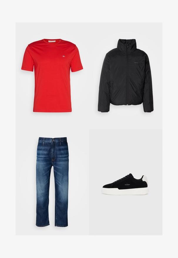 Czarna kurtka puchowa z wysokim kołnierzem, zapięciem na zamek z przodu i kieszeniami po bokach. Gładka, błyszcząca tekstura z minimalistycznym logo na klatce piersiowej.; Czerwona bawełniana koszulka z okrągłym dekoltem, krótkimi rękawami i małym niebieskim logo na lewej piersi. Gładka tekstura, casualowy styl.; Granatowe dżinsy o prostych nogawkach z delikatnym wyblaknięciem na udach i zapięciem na guzik w pasie, zaprezentowane na białym tle.; Czarne niskie sneakersy z białą podeszwą i uchwytem na pięcie, sznurowane z przodu, z logo Calvin Klein po boku.