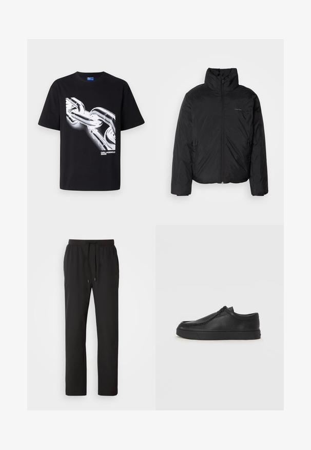 Musta puhvitakki korkealla kauluksella, vetoketjulla edessä ja sivutaskuilla. Sileä, kiiltävä pinta, jossa on minimaalinen logo rinnassa.; Musta puuvillapaita, jossa on valkoinen graafinen kuva ketjusta ja teksti "KARL LAGERFELD JEANS" rohkealla, modernilla fontilla alareunassa.; Juoksuhousut mustasta kevyestä kankaasta, jossa on joustava vyötärö, säädettävät nyörit ja sivutaskut. Sujuva rakenne.; Musta nahkainen slip-on-kengät pyöristetyllä varvalla, tikattu yksityiskohta ja musta kumipohja. Sileä pinta ja minimalistinen muotoilu.