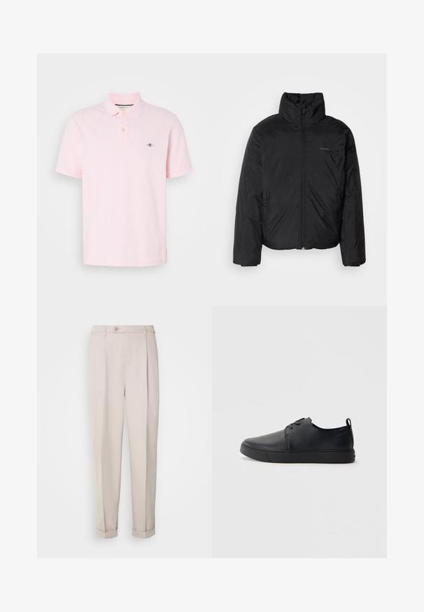 Svart pufferjakke med høy krage, glidelås foran og sidelommer. Glatt, blank tekstur med en minimal logo på brystet.; Lyserød polo skjorte lavet af bomuld, med klassisk krave, to-knaps lukning og broderet logo på venstre bryst.; Beige bukser laget av glatt stoff, med rett passform, enkel legg, og oppbrettede mansjetter. Inkluderer en frontlukkeknapp.; Svart lær sneakers med glatt overflate, rund tå, tonede sømmer, snøring foran og flat gummisåle. Løkke på hælen.