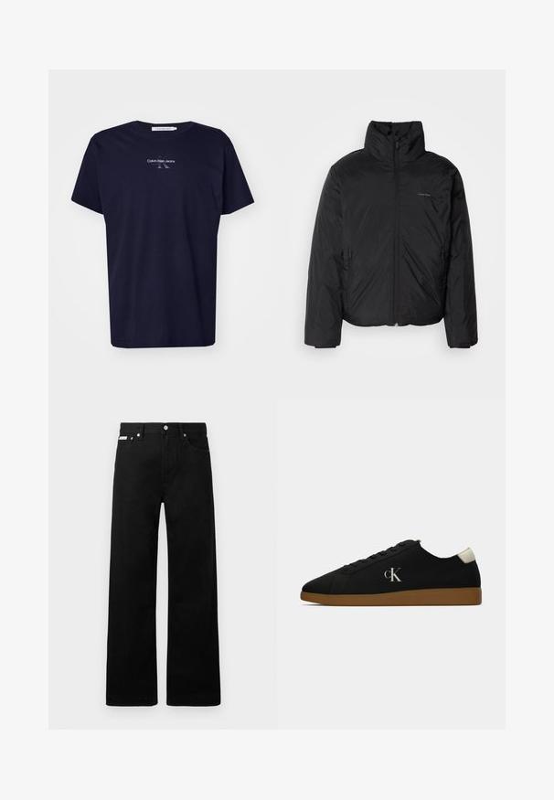 Casaco puffer preto com colarinho alto, fecho de correr na frente e bolsos laterais. Textura suave e brilhante com um logótipo minimalista no peito.; T-shirt de algodão azul-marinho com mangas curtas, apresentando um logo e o texto "Calvin Klein Jeans" em uma impressão sutil e contrastante na frente.; Calças de ganga pretas com um design de pernas largas, apresentando cinco bolsos e fechos metálicos. Textura suave, sem padrões visíveis.; Sapatilhas pretas de lona com sola de borracha caramelo, apresentando um logo prateado "cK" de um lado e um detalhe branco no calcanhar. Design de cano baixo.