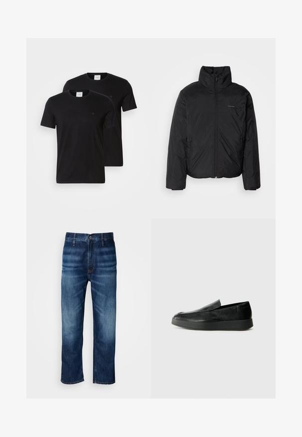 Juoda pūkinė striukė su aukštu apykakle, užtrauktuku priekyje ir šoninėmis kišenėmis. Lygus, blizgus paviršius su minimaliu logotipu ant krūtinės.; Juodi medvilniniai marškinėliai su apykakle ir trumpomis rankovėmis. Su mažuoju logotipu ant krūtinės. Tiekiami po du.; Tamsiai mėlynos tiesios kojų džinsai su subtiliu išblukimu ant šlaunų ir užsegimu prie juosmens, pateikti ant baltos fono.; Calvin Klein HYBRID CUP - Įmautiniai batai - triple black