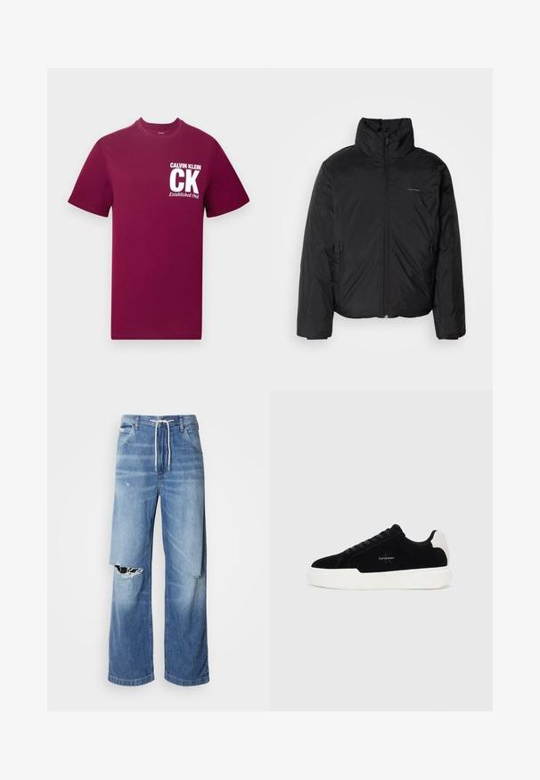 Μαύρο μπουφάν puffer με ψηλό γιακά, φερμουάρ μπροστά και πλευρικές τσέπες. Λείο, γυαλιστερό υλικό με μίνιμαλ λογότυπο στο στήθος.; Μπορντό βαμβακερό μπλουζάκι με στρογγυλή λαιμόκοψη. Διαθέτει λευκό τυπωμένο κείμενο: "CALVIN KLEIN CK Established 1968" τοποθετημένο στο στήθος.; Ανοιχτό μπλε τζιν παντελόνι με χαλαρή εφαρμογή, διαθέτει λευκή κορδόνι στη μέση και εμφανείς σχισμές μπροστά, που δείχνουν και ξεφτισμένα άκρα.; Μαύρα χαμηλά αθλητικά παπούτσια με λευκή σόλα και τακούνι, με κορδόνια μπροστά και λογότυπο Calvin Klein στο πλάι.