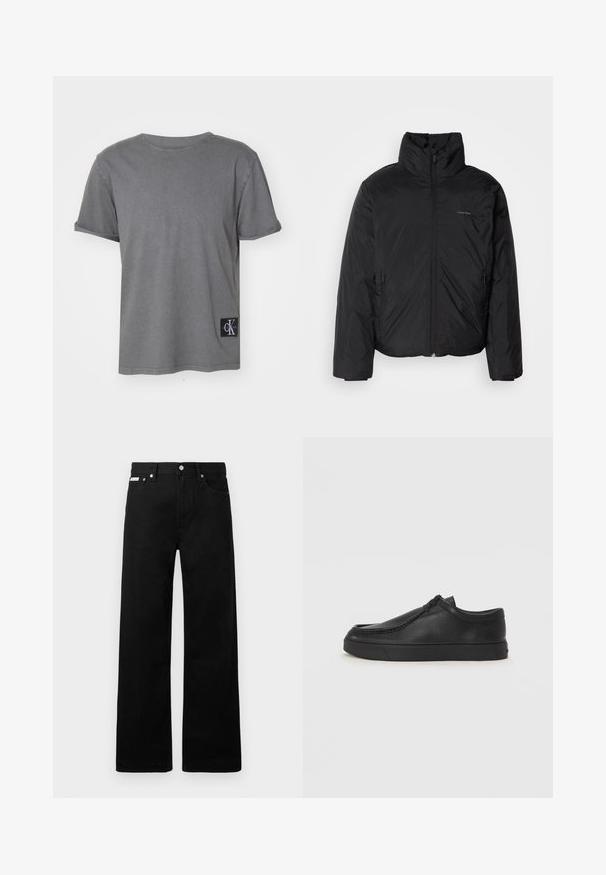 Czarna kurtka puchowa z wysokim kołnierzem, zapięciem na zamek z przodu i kieszeniami po bokach. Gładka, błyszcząca tekstura z minimalistycznym logo na klatce piersiowej.; Calvin Klein Jeans - T-shirt basic; Czarne dżinsowe spodnie o szerokim kroju, z pięcioma kieszeniami i metalowymi guzikami. Gładka tekstura, bez widocznych wzorów.; Czarne skórzane buty wsuwane z okrągłym noskiem, przeszyciami i czarną gumową podeszwą. Gładka faktura z minimalistycznym wzornictwem.