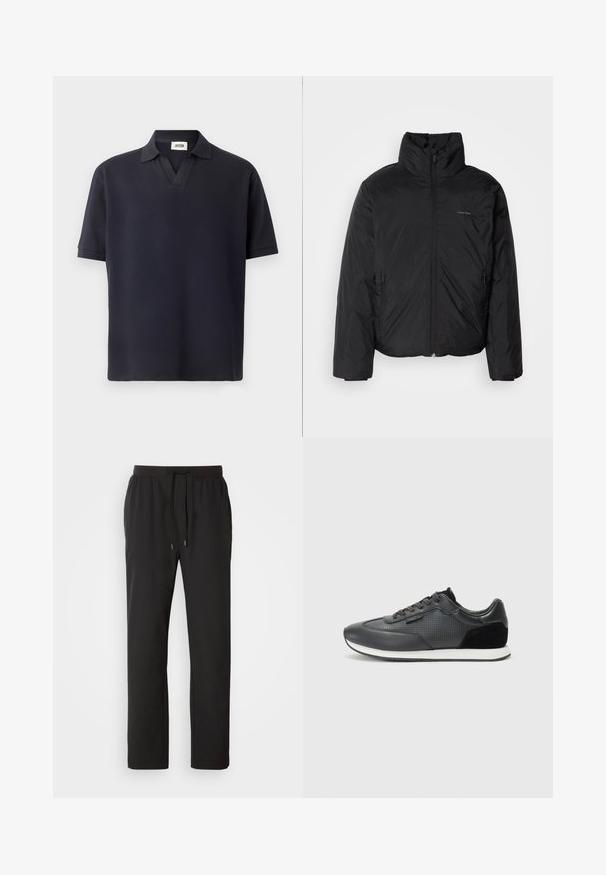 Černá péřová bunda s vysokým límcem, zipovým uzávěrem vpředu a bočními kapsami. Hladká, lesklá textura s minimálním logem na hrudi.; Námořnická polokošile s krátkým rukávem a texturovaným vzorem, s límcem ve tvaru V a ohrnutými rukávy, vyrobená z prodyšného materiálu.; Černé joggingové kalhoty vyrobené z lehkého materiálu, s elastickým pasem a nastavitelnými šňůrkami, bočními kapsami. Hladká textura.; Černé sportovní tenisky s koženým svrškem, perforovanými detaily, semišovými akcenty a bílou gumovou podrážkou. Klasický design na šněrování.