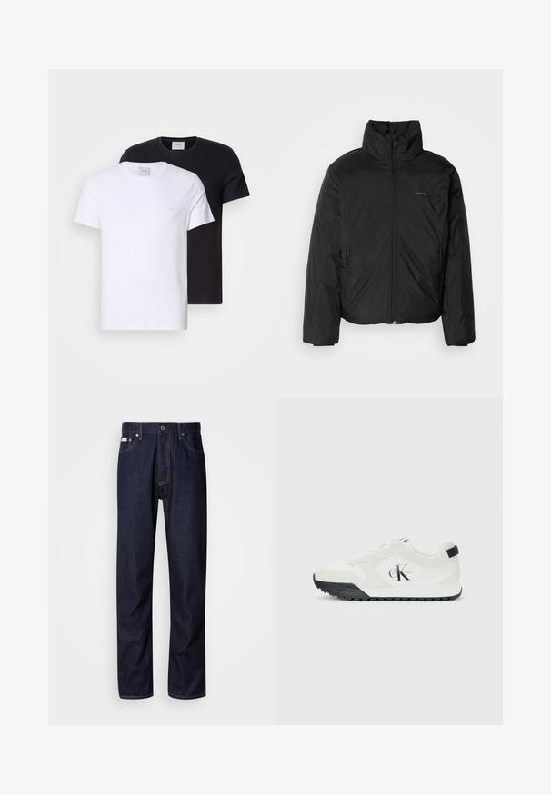 Black puffer jacket with a high collar, zipper front, and side pockets. Smooth, shiny texture with a minimal logo on the chest.; Two crew-neck t-shirts, one white and one black, made of soft cotton. Both have a plain design and a small logo on the chest.; Dark blue denim jeans with a straight-leg design, featuring a button fly, five pockets, and contrasting stitching details.; Calvin Klein white sneaker with black sole, suede and mesh panels, CK logo on side, and Calvin Klein branding on heel and sole.